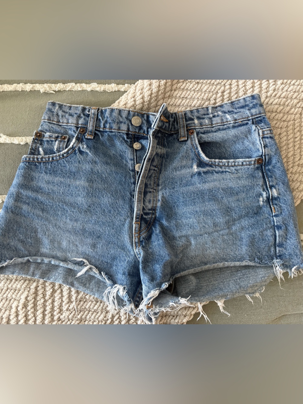 Zara Light Blue Distressed High-Waist Denim Shorts